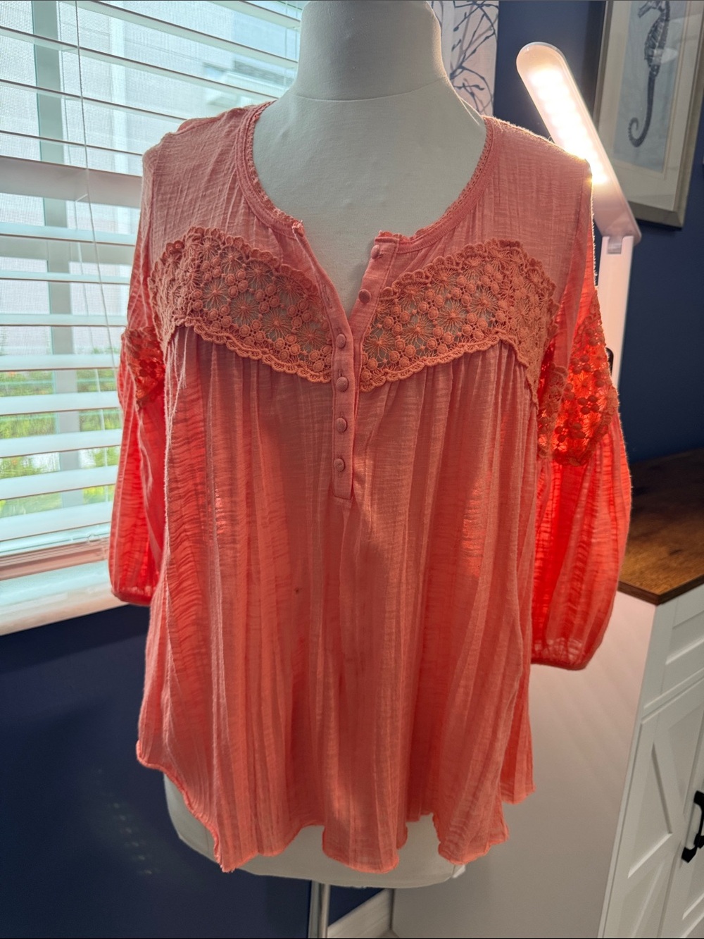 Free People Coral Crochet Yoke Button-Front Peasant Top